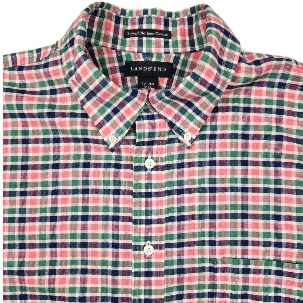Lands' End Mens Plaid Supima Oxford 17-36 Tall Short Sleeve Pink/Blue/Green Prep